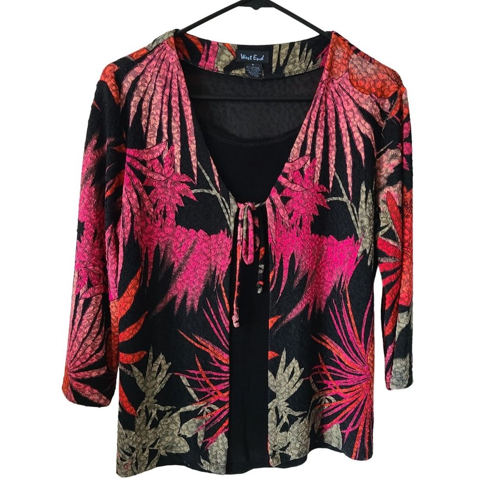 West End US Size M Y2K Slinky Tropical Floral Tie Front 3/4 Sleeve Blouse